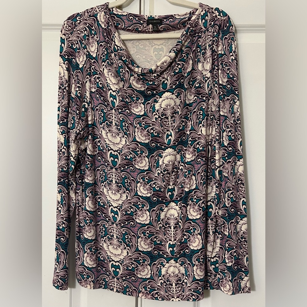 Vibrant Talbots Cowl Neck women’s Blouse Beautiful Paisley Floral Design Size XL